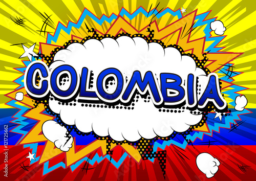 Colombia - Comic book style text on comic book abstract background.