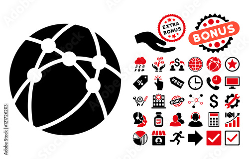 Browser icon with bonus symbols. Vector illustration style is flat iconic bicolor symbols, intensive red and black colors, white background.
