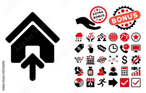 Building Entrance pictograph with bonus icon set. Vector illustration style is flat iconic bicolor symbols, intensive red and black colors, white background.