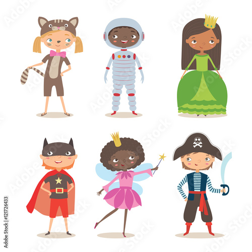 Kids of different nation in costumes for party or holiday