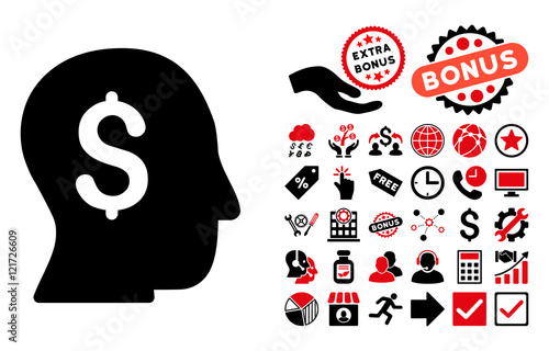 Businessman pictograph with bonus pictogram. Vector illustration style is flat iconic bicolor symbols, intensive red and black colors, white background.