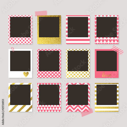 Realistic vector retro photo frames with gold, pink and white pa