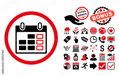 Calendar Week pictograph with bonus symbols. Vector illustration style is flat iconic bicolor symbols, intensive red and black colors, white background.