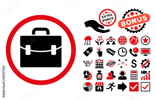 Case pictograph with bonus elements. Vector illustration style is flat iconic bicolor symbols, intensive red and black colors, white background.