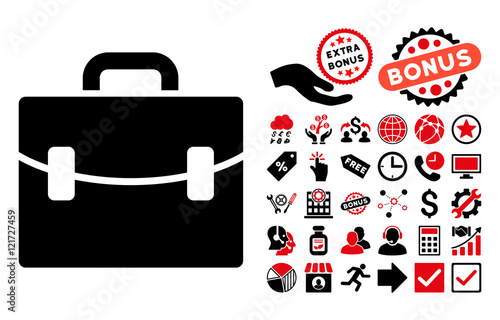 Case icon with bonus design elements. Vector illustration style is flat iconic bicolor symbols, intensive red and black colors, white background.