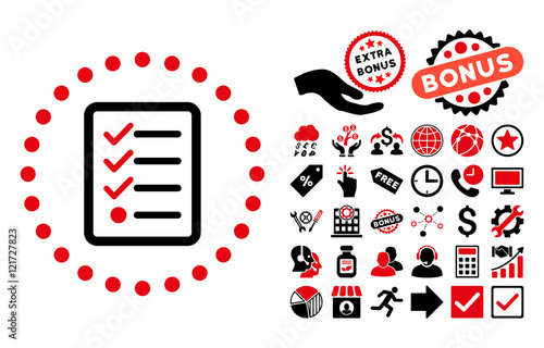 Checklist pictograph with bonus pictures. Vector illustration style is flat iconic bicolor symbols, intensive red and black colors, white background.