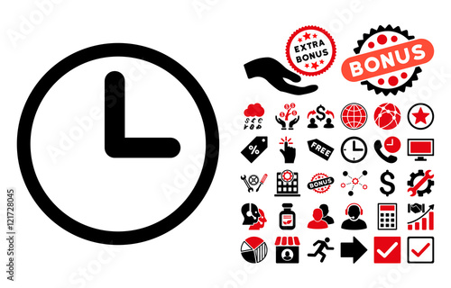 Clock icon with bonus clip art. Vector illustration style is flat iconic bicolor symbols, intensive red and black colors, white background.