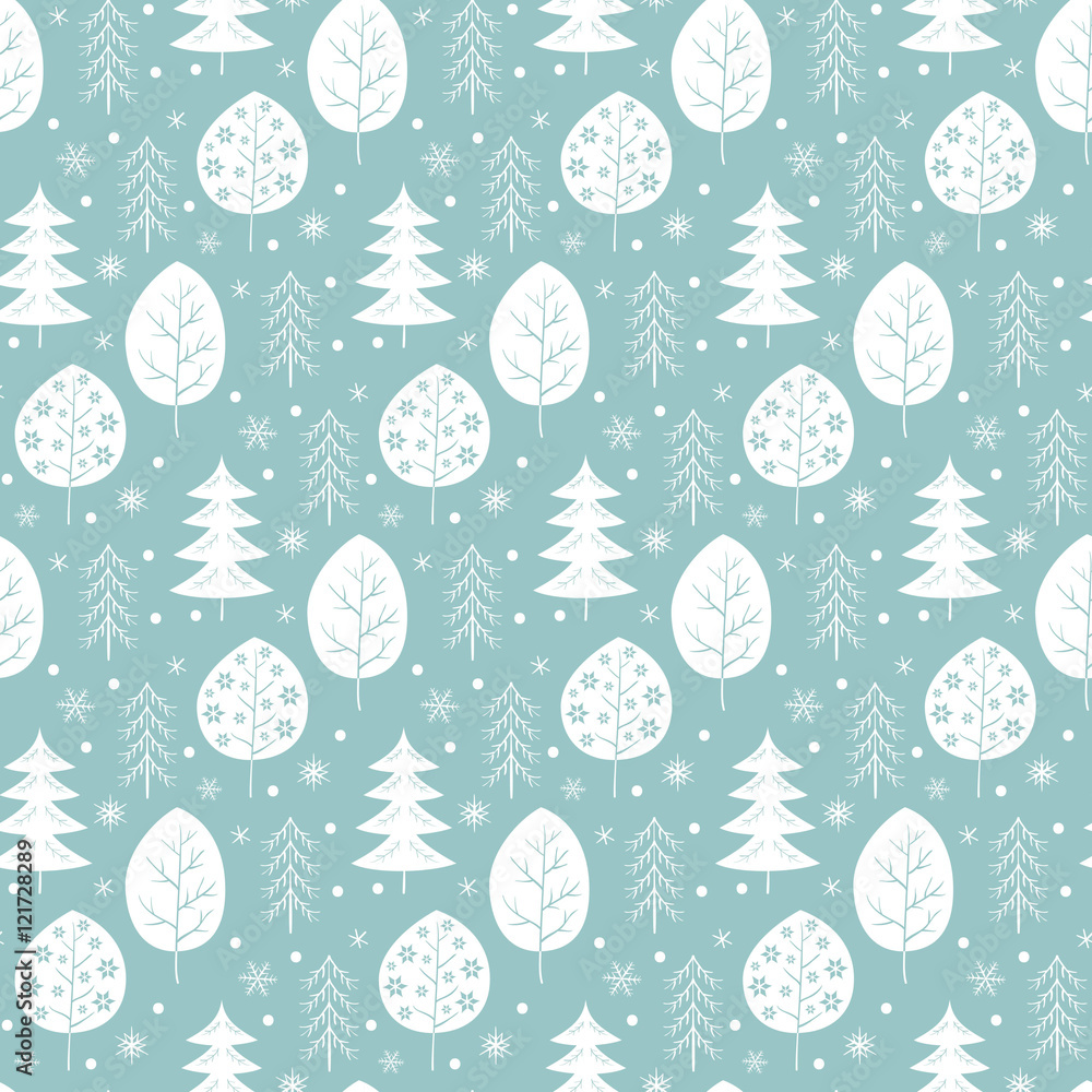 Seamless pattern with snowflakes and trees. Seamless pattern with snowflakes and trees.