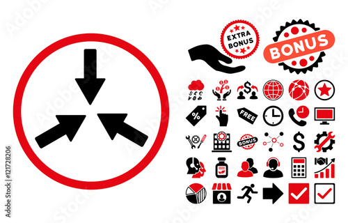 Collide Arrows pictograph with bonus elements. Vector illustration style is flat iconic bicolor symbols, intensive red and black colors, white background.