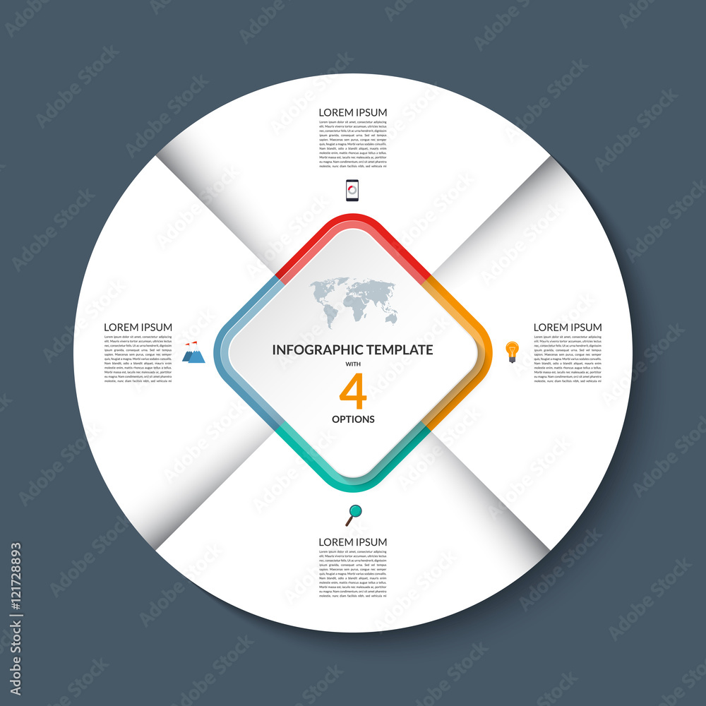 Vector infographic circle template. White round banner with 4 steps or ...