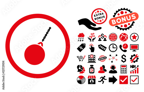 Destruction Hammer icon with bonus images. Vector illustration style is flat iconic bicolor symbols, intensive red and black colors, white background.