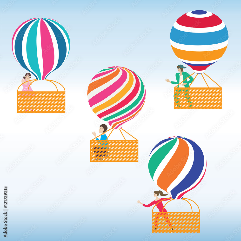 Naklejka premium people travel on the air balloon abstract art creative modern vector illustration blue background