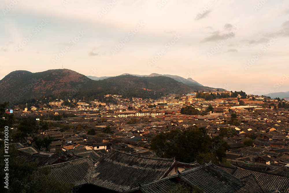 Aerial view of Lijiang Old Town from Lijiang Lion Hill Scenic Area (Wan Gu Lou) located at Yunnan, China.