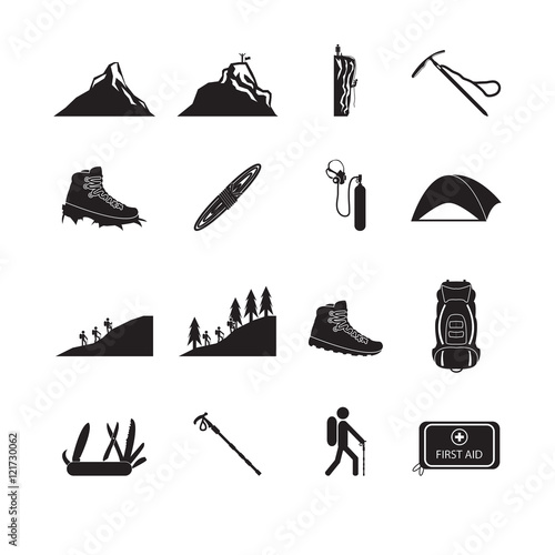 Hiking and mountain climbing icon set