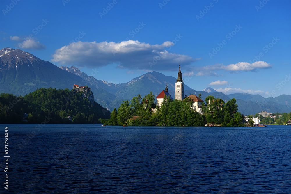 Lake Bled with St. Marys Church of the Assumption on the small island. Bled, Slovenia, Europe