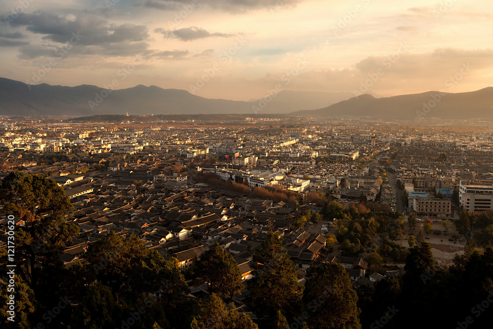 Aerial view of Lijiang Old Town from Lijiang Lion Hill Scenic Area (Wan Gu Lou) located at Yunnan, China.