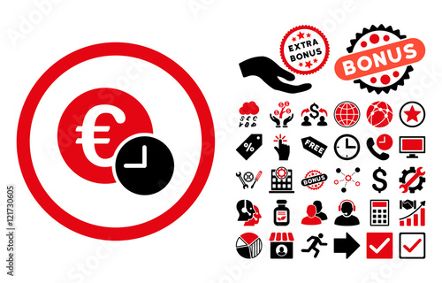 Euro Credit icon with bonus pictograph collection. Vector illustration style is flat iconic bicolor symbols, intensive red and black colors, white background.