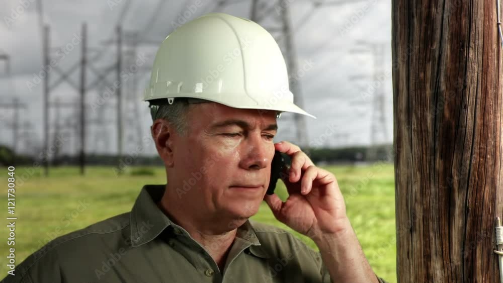 An electrical power grid repairman on the phone and smiles at camera. An electrical power grid repairman on the phone and smiles at camera.