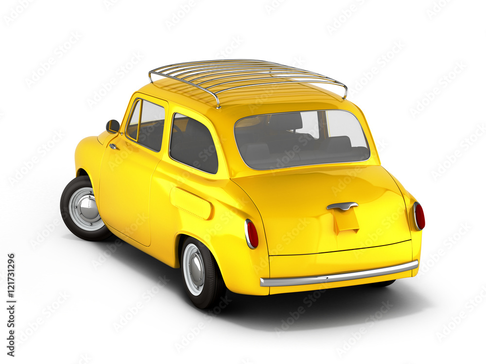 yellow small retro car isolated on white background 3d illustrat