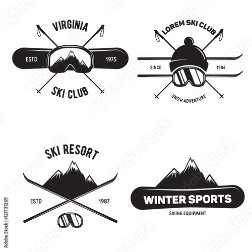 Set of Ski Club. Vintage Mountain winter badges. Outdoor adventure logo design.Snowboard icon symbol.