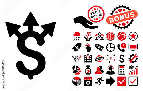 Expences pictograph with bonus symbols. Vector illustration style is flat iconic bicolor symbols, intensive red and black colors, white background.