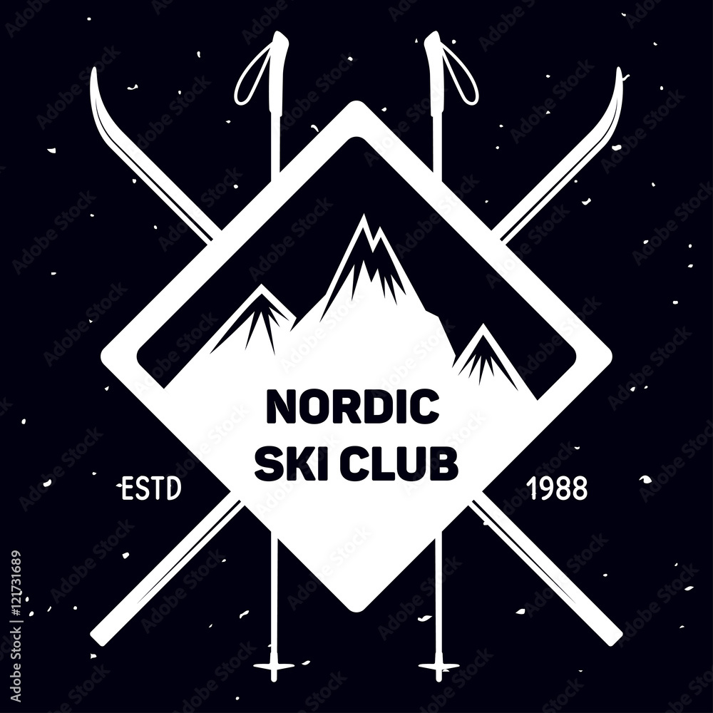 Naklejka premium Emblem of Ski Club. Vintage Mountain winter badge. Outdoor adventure logo design. Travel hand drawn and hipster insignia.