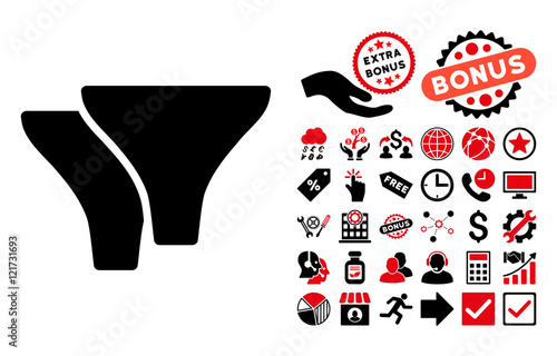 Filters icon with bonus elements. Vector illustration style is flat iconic bicolor symbols, intensive red and black colors, white background.