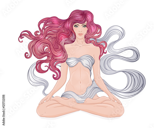 Beautiful Caucasian Girl with long curly hair sitting in Lotus p