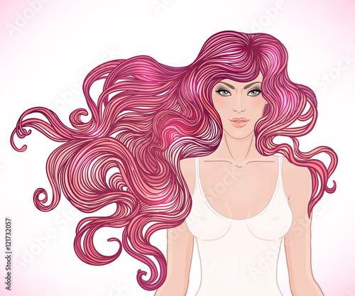 Beautiful Caucasian girl with long curly hair. Vector illustrati