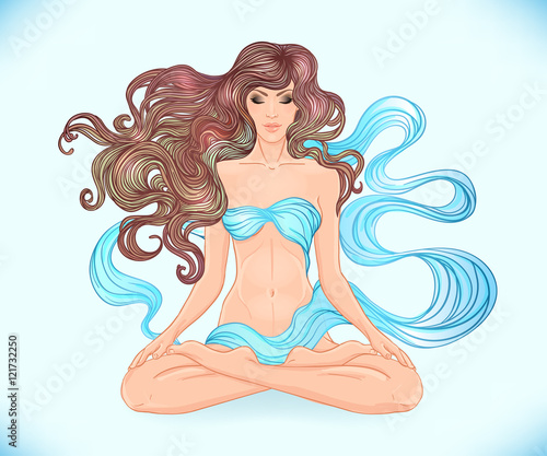 Beautiful Caucasian Girl with long curly hair sitting in Lotus p