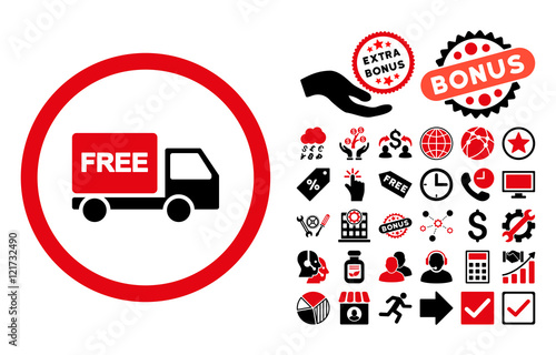 Free Delivery pictograph with bonus design elements. Vector illustration style is flat iconic bicolor symbols, intensive red and black colors, white background.