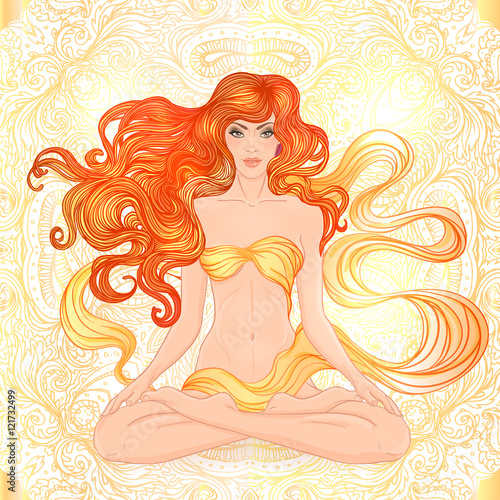 Beautiful Caucasian Girl with long curly hair sitting in Lotus p