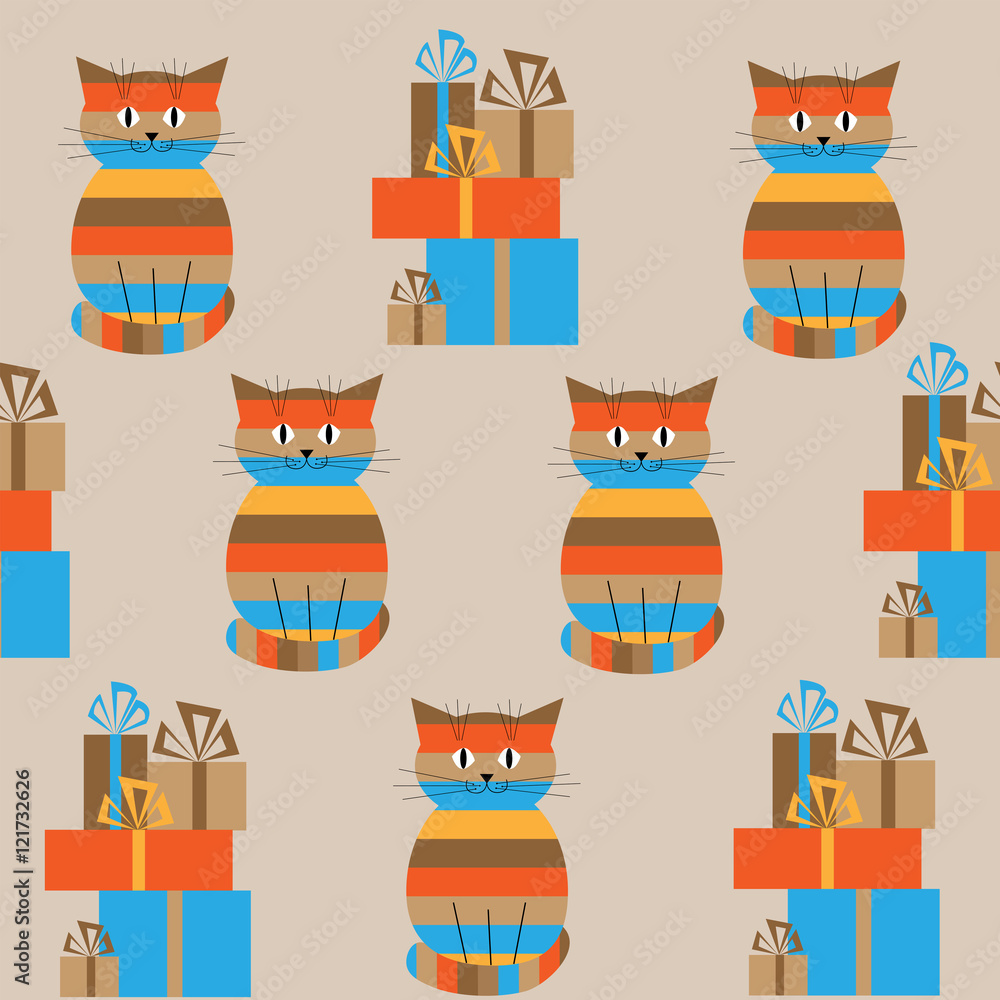 Seamless striped pattern with cute cats and gifts