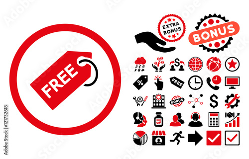 Free Tag icon with bonus pictogram. Vector illustration style is flat iconic bicolor symbols, intensive red and black colors, white background.
