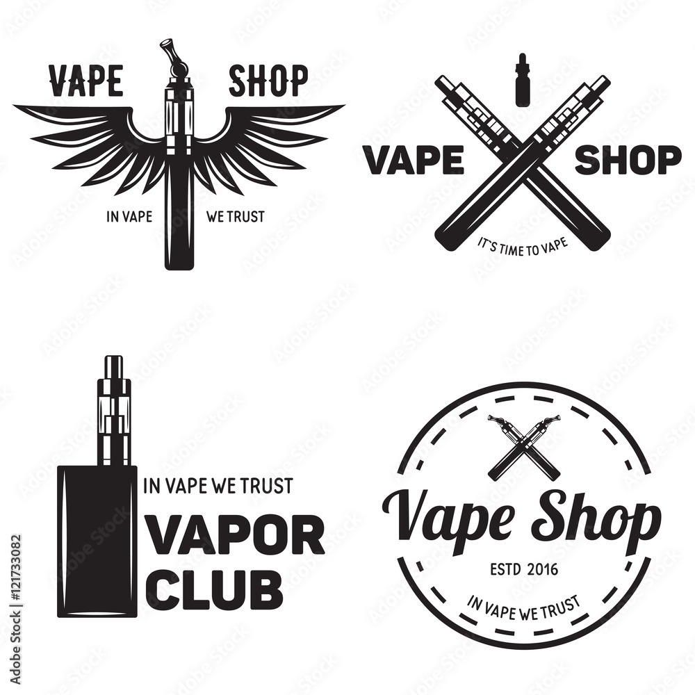 Set of vape, e-cigarette emblems, labels, prints and logos, Monochrome style, Isolated on white background. Set of vape, e-cigarette emblems, labels, prints and logos, Monochrome style, Isolated on white background.