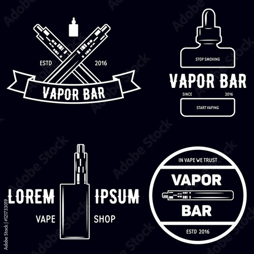 Set of vape, e-cigarette emblems, labels, prints and logos, Monochrome style, Isolated on white background.