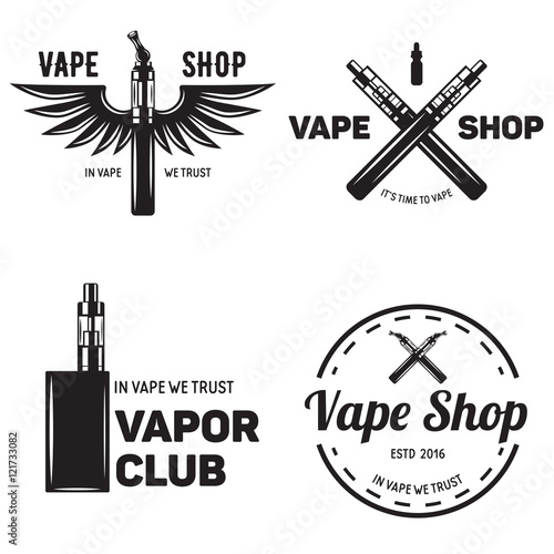 Set of vape, e-cigarette emblems, labels, prints and logos, Monochrome style, Isolated on white background.