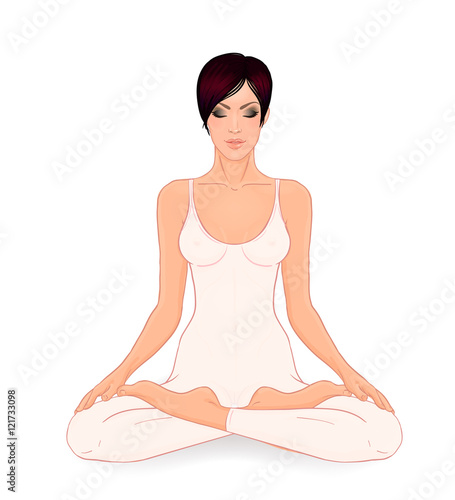 Beautiful Caucasian Brunette Girl sitting in Lotus pose with orn