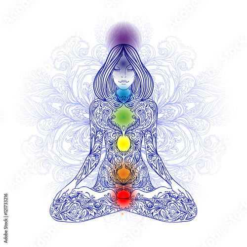 Woman ornate silhouette sitting in lotus pose. Meditation, aura