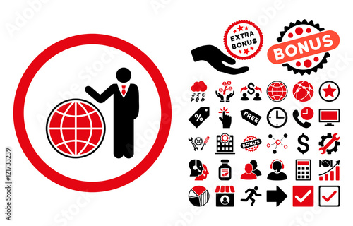 Global Manager icon with bonus icon set. Vector illustration style is flat iconic bicolor symbols, intensive red and black colors, white background.