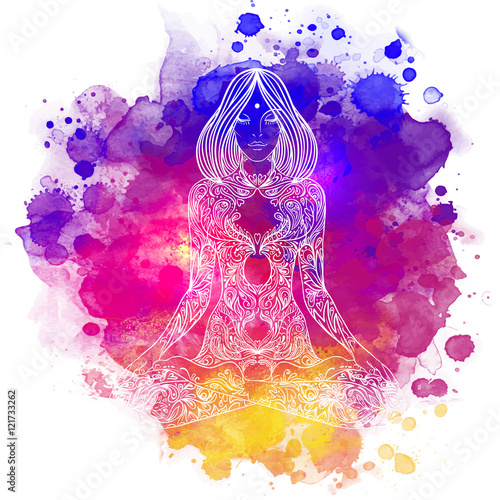 Woman ornate silhouette sitting in lotus pose. Meditation concep