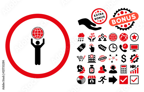 Globalist pictograph with bonus pictograph collection. Vector illustration style is flat iconic bicolor symbols, intensive red and black colors, white background.