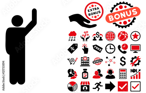 Hitchhike Pose icon with bonus pictogram. Vector illustration style is flat iconic bicolor symbols, intensive red and black colors, white background.