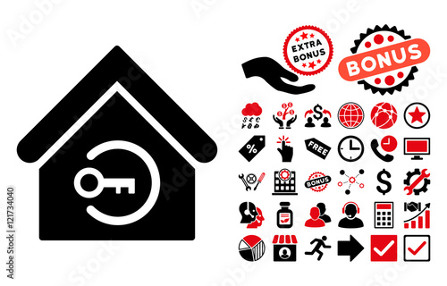 Home Login icon with bonus clip art. Vector illustration style is flat iconic bicolor symbols, intensive red and black colors, white background.