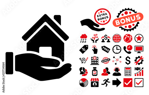Home Offer icon with bonus icon set. Vector illustration style is flat iconic bicolor symbols, intensive red and black colors, white background.