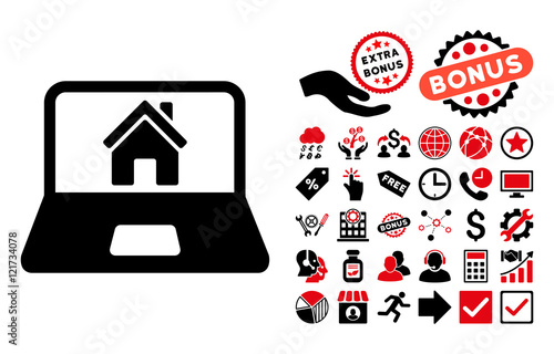 Home on Laptop Screen pictograph with bonus symbols. Vector illustration style is flat iconic bicolor symbols, intensive red and black colors, white background.
