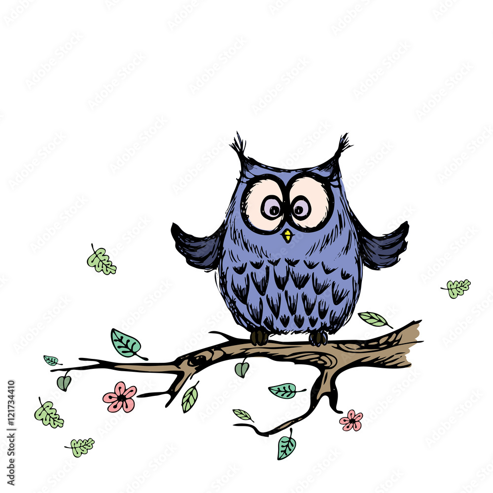 Fototapeta premium Cute owl sitting on a branch of a tree,isolated on white backgro