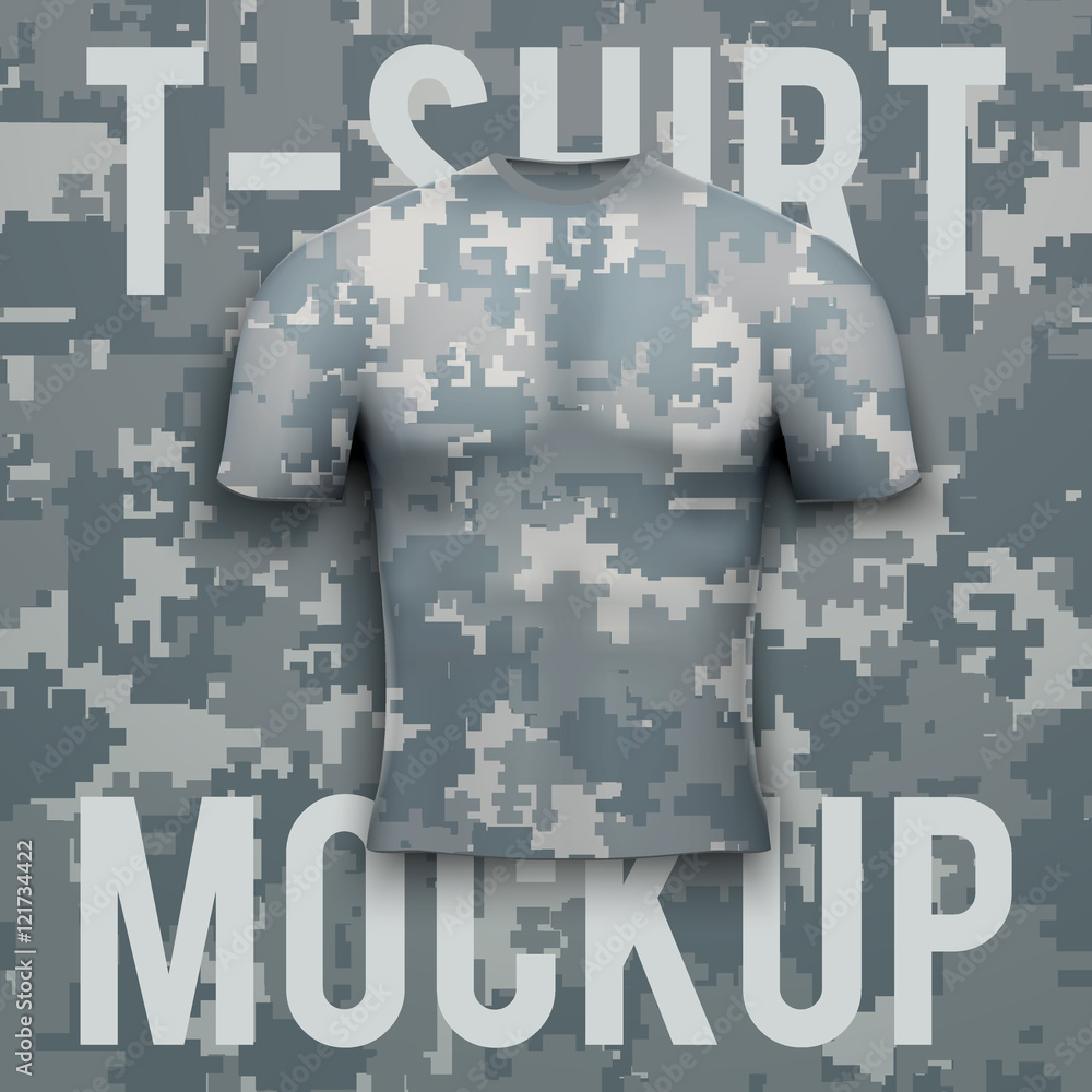 Camouflage t-shirt on digital pixel camo background. Front Product