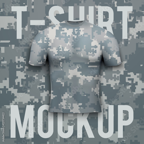 Camouflage t-shirt on digital pixel camo background. Front Product mockup and sample. Vector Illustration