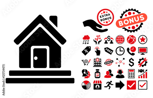 House Front Door icon with bonus images. Vector illustration style is flat iconic bicolor symbols, intensive red and black colors, white background.